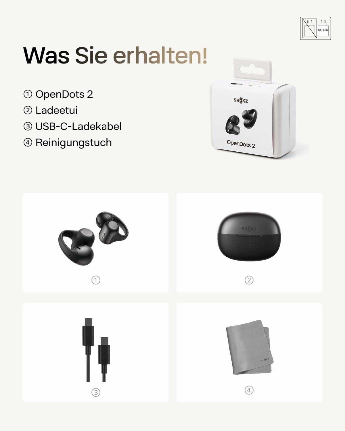 SHOKZ OpenDots 2 Open-Ear Clip-On Earbuds, verbessertes Dolby Audio mit Deep Bass, 40 Std. Laufzeit, Bluetooth 6.1,IP57 wasserdicht, klare Anrufe Dank 3 Mik. für Alltag, kabelloses Laden, Schwarz
