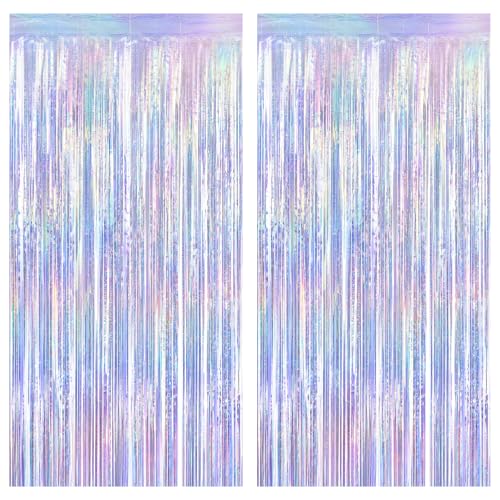 Image of ZATAYE 2 Pack Iridescent Blue Foil Curtain Streamer Decorations | Iridescent Blue, Metallic Foil, 3.28 x 7.05 FT, Tinsel Backdrop, Foil Curtain Streamer, Party Decor