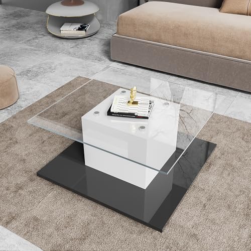 OKMYHOME Table Basse Carrée Moderne avec LED et roulettes Pivotantes - Table de Salon Design avec Rangement - Structure en Panneaux de Particules - Blanc et...