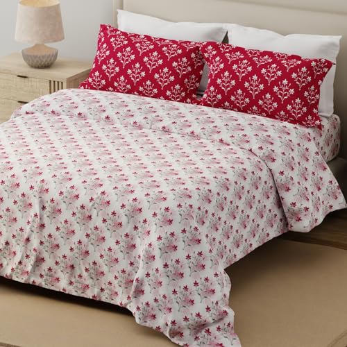 Image of Layers 100% Cotton for King Size Bed | 120 TC Floral, Soft, Breathable, Machine Washable Bedsheet with 2 Pillow Covers | Forever Collection (274 x 274 cm) - Pink & White