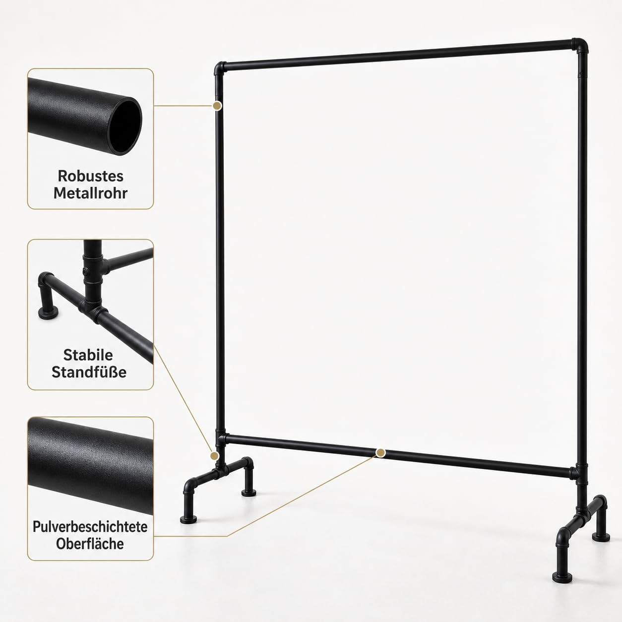GERSO Kleiderständer Industrial Schwarz 110 cm, stabiler Garderobenständer aus Metall bis ca. 50 kg, freistehende Kleiderstange im Rohrdesign für Flur, Schlafzimmer, Boutique & Showroom