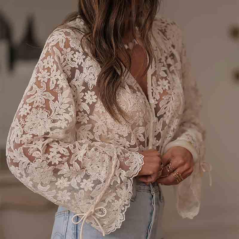 Women's Sexy Hollow lace Shirt with Flower Pattern V-Neck Long Sleeved Cardigan top4