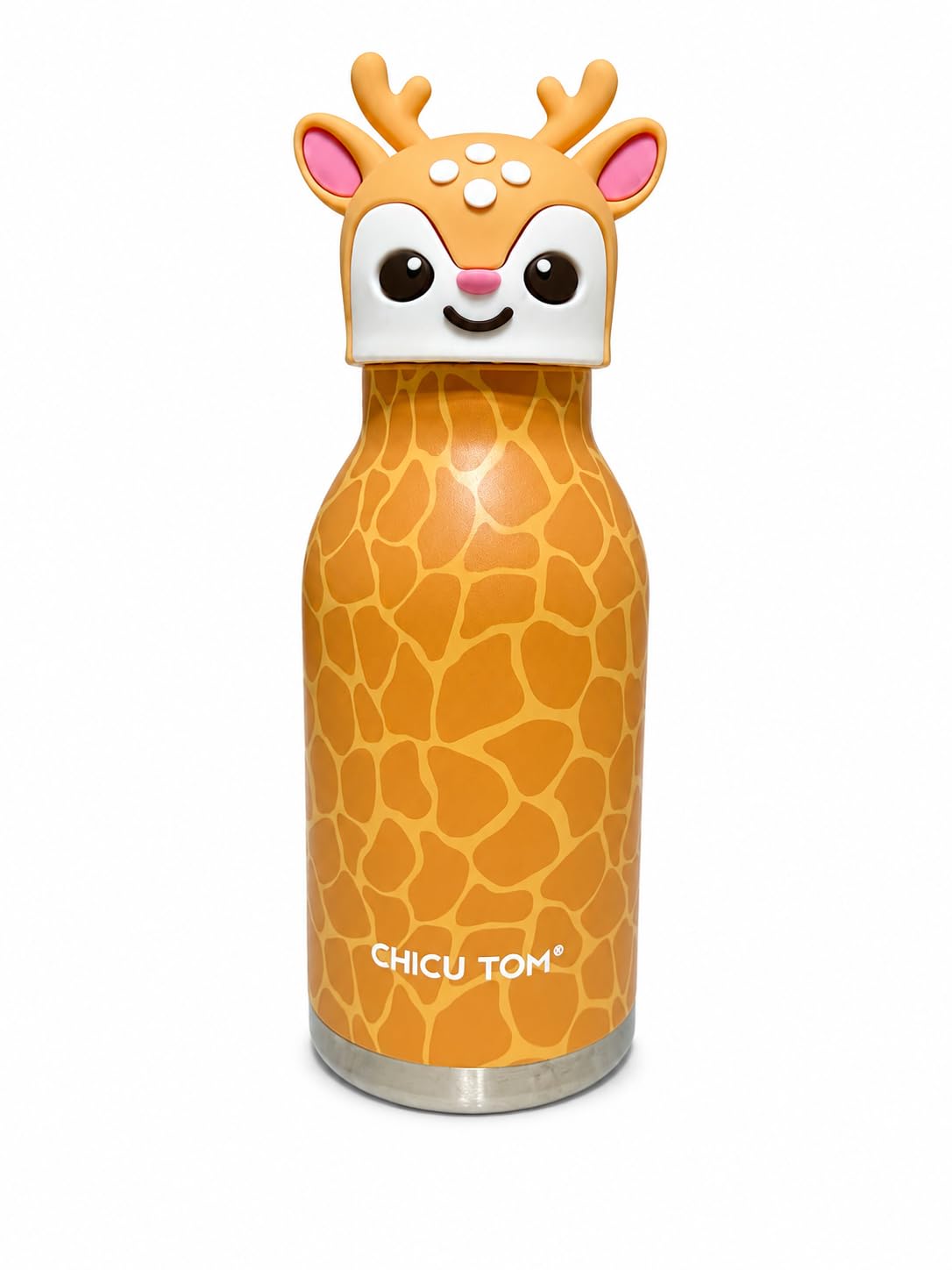 CHICUTOM kids Water Bottle with Animal Topper, 3D Animal Lid Topper, Insulated Water Bottle, 480ml Deer (Orange)
