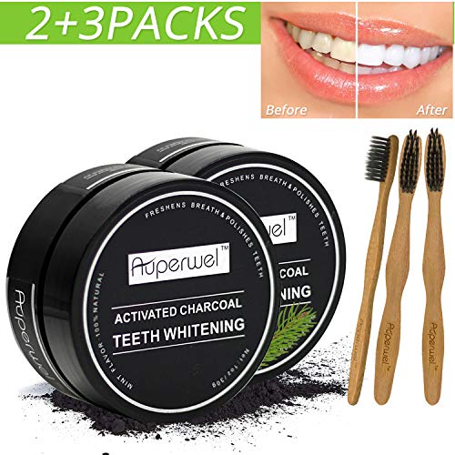 Auperwel Teeth Whitening (2 PACK) Natural Activated Charcoal Teeth Whitening Powder with 3 Bamboo ToothBrushes (Auperwel)