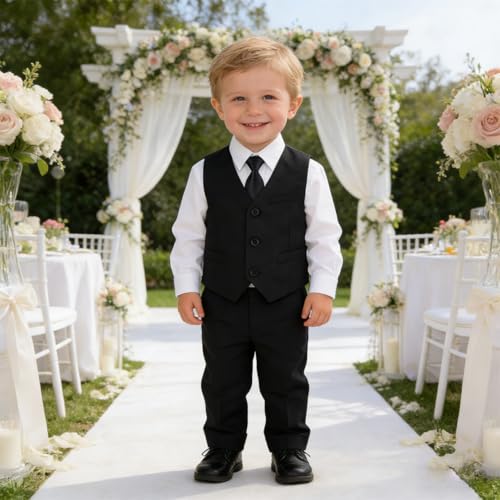 Image of Baby Boy Formal Suit for Toddler Infant Tuxedo Dress Suits | Little Gentleman, Wedding Ring Bearer Outfit, Vest Pants Long-Sleeve Shirt Tie, Birthday Party Christmas Prom, Classic