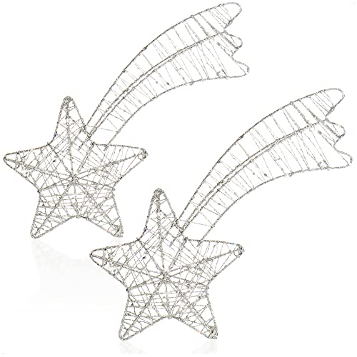 COM-FOUR® 2X estrelas decorativas Natal, estrela de decoração de Natal de metal, pé de flor de Páscoa branca com purpurina
