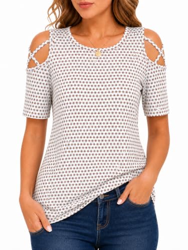 Image of Jar of Love Women's Summer Tops Short Sleeve Cold Shoulder Tops T-Shirts for Women Spring Summer Tops Loose Fit Tunic 2026