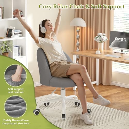 Image of DurayLoly Vanity Chair with Back, Cute Desk Chair with Wheels, Armless Chair with Height Adjustable & 360 Swivel, Soft Lumbar Support for Small Space, Bedroom, Grey