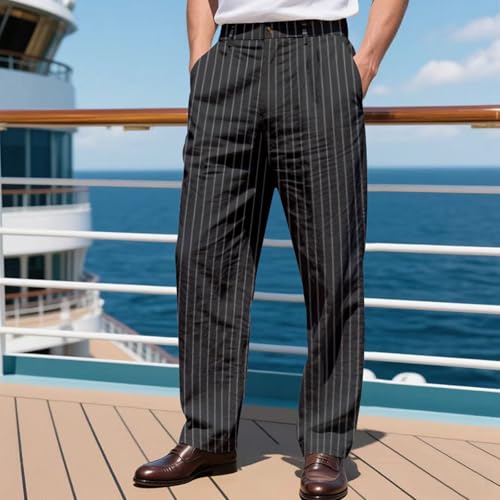 Men's Striped Linen Casual Pants, Business Office Wide Leg Formal Pants Button Waist Lightweight Trousers with Pockets2