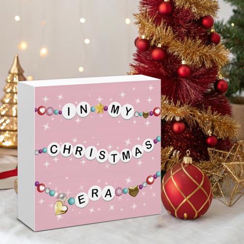 Image of Pink Christmas Decor, in My Christmas Era Wood Box Sign, Seasonal Xmas Holiday Home Office Decorations for Desk Table Shelf 5 X 5 Inches
