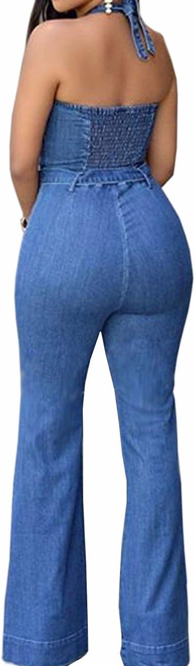 Sexyshine Women's Halter Lace Up Backless Casual Wide Leg Blue Denim Long Jumpsuit Playsuit Rompers With Belt - Image 2