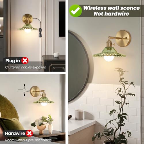 Image of Battery Operated Wall Sconce, Vintage Wall Sconce with Green Flower Pattern Glass Rechargeable, Battery Powered Wall Light with Remote Control for Bedroom,Living Room, Hallway, Aisle