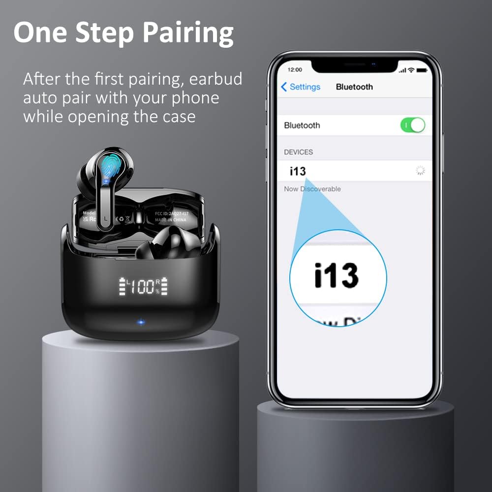Wireless Earbud, Bluetooth 5.3 Headphones Bluetooth Earbud, Deep Bass Wireless Earphones in Ear Noise Cancelling Ear Buds 40H Dual Mic Call, USB-C LED Display IP7 Waterproof Headset for Sport-2022 New