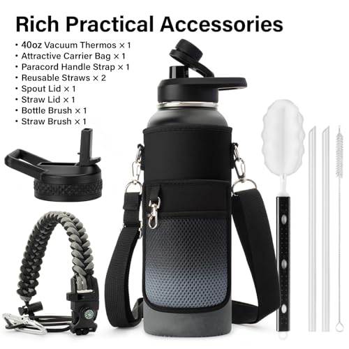 Insulated Water Bottle | Thickened Stainless Steel Vacuum Metal | Portable Sports Water Jug for Gym and Hiking with Straw, Carrier Bag, Handle Strap | BPA-Free 40 oz