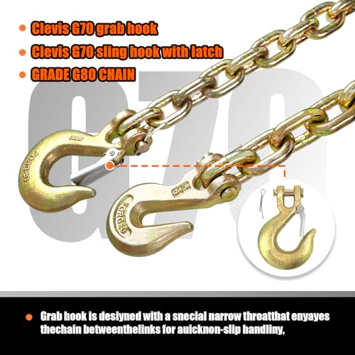 Image of TKK G80 Transport Binder Chain, 3 /8 Inch x 15 Foot Logging Tow Chain with Grab and Sling Hooks, 7,100 lbs Safe Working Load, Heavy Duty for Transporting, Towing and Tie-Down