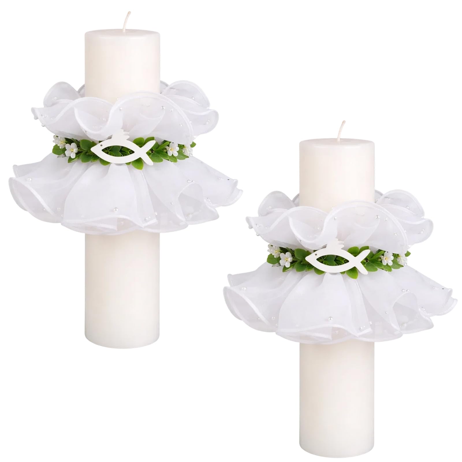 2 Stück Tropfschutz Kommunionkerze & Taufkerze – Kerzenmanschetten mit Organza Blüten – Eleganter Kerzen Tropfschutz für Hochzeit & Erstkommunion – Verstellbarer Tropfänger (Ø 3-6 cm, Weiß)
