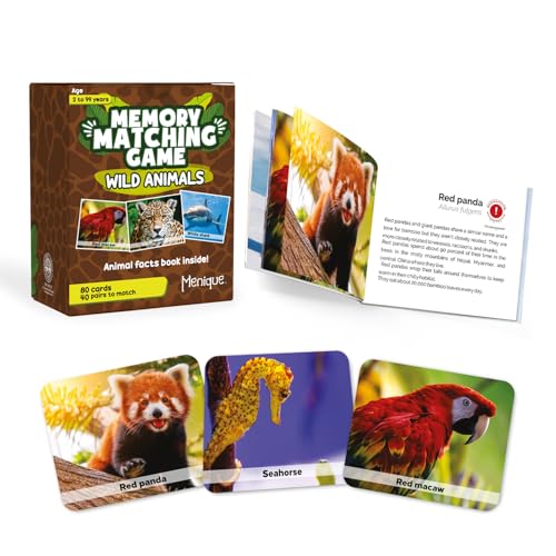 Menique Wild Animals Memory Matching Game – 80 Cards (40 Pairs) with Real Photos – Includes Educational Booklet with Animal Facts – Fun & Cognitive Game for Kids and Adults