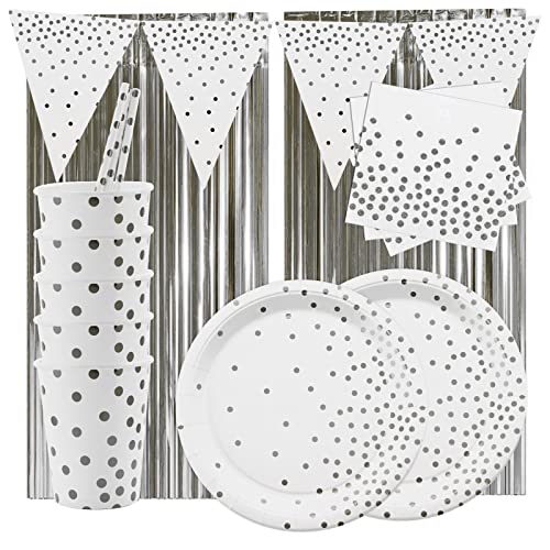LASE C9, Set 129pcs Vaisselle Jetable Anniversaire pour 30 Personnes. Comprend Assiettes, Tasses, Serviettes, Pailles et Une Guirlande. Décoration Anniversaire Élégante. (Pois-Argent)