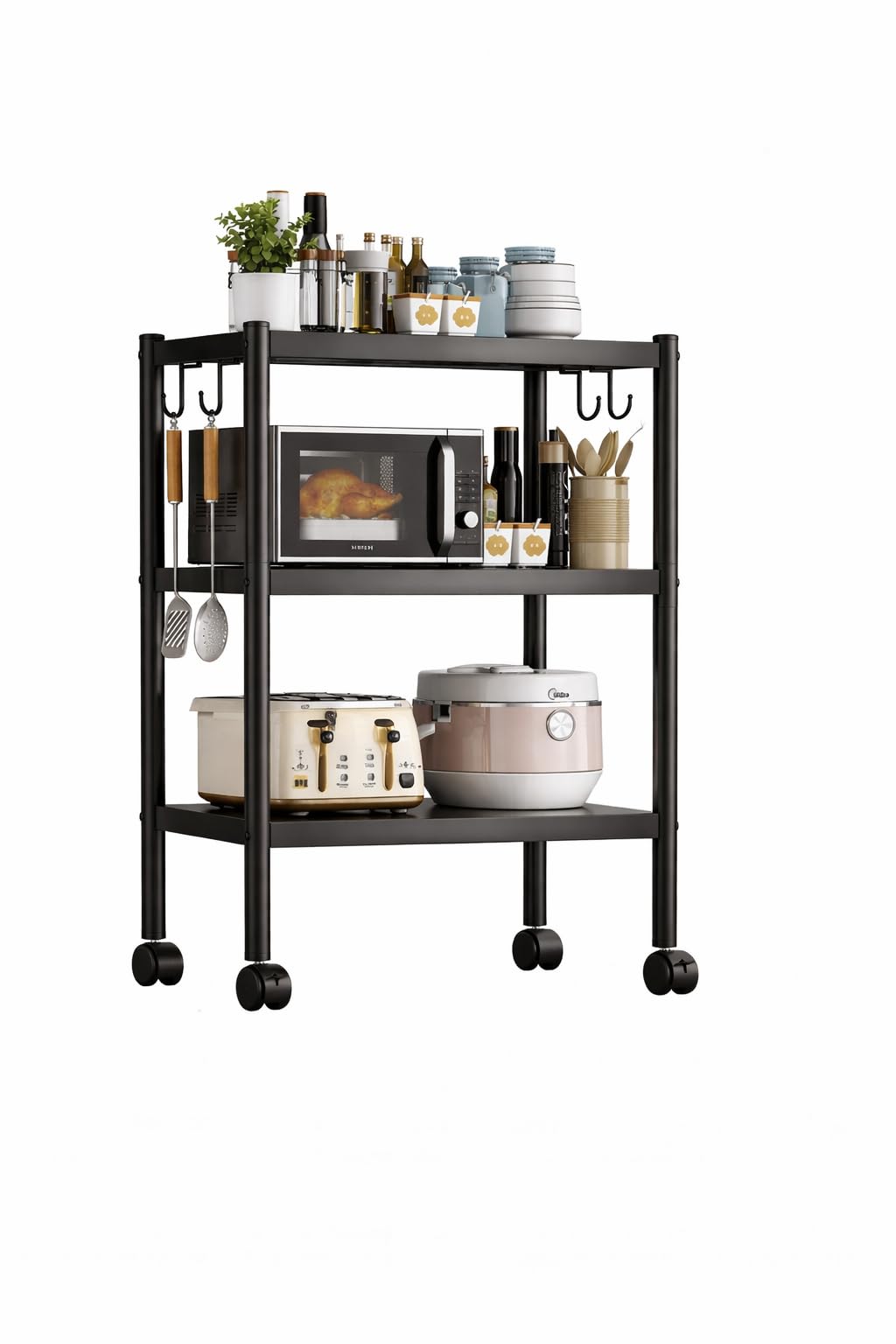 Kitchen Storage Rack, (3,4,5)-Tier Rolling Cart with Wheels, Kitchen Organiser, Black Metal with 4 Hooks, Microwave Stand (3 Tiers - 80x80x40cm)