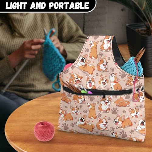 Image of KUIFORTI Dog Yarn Bag Crochet Bag Cute Corgi Yarn Project Bag Knitting Bag Lightweight Kniting Wrist Bag Large Size