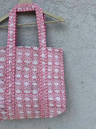 Image of Quilted Cotton Hand printed Reversible Large multicolor cotton Tote Bag,Indian Handmade Block Printed Tote Bag Women Handbag