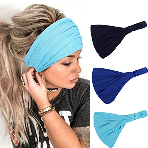 Urieo Yoga Wide Headbands Blue Running Hair Bands Stretchy Non Slip Head Wraps for Women and Girls (Pack of 3)