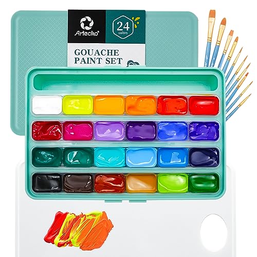 Artecho Gouache Paint Set, 24 Colors (30ml/1oz) with 10 Brushes & a Palette,Non-Toxic, Guache Paint for Canvas Painting - Professional Art Supplies for Artists, Students, Beginners, and Adults
