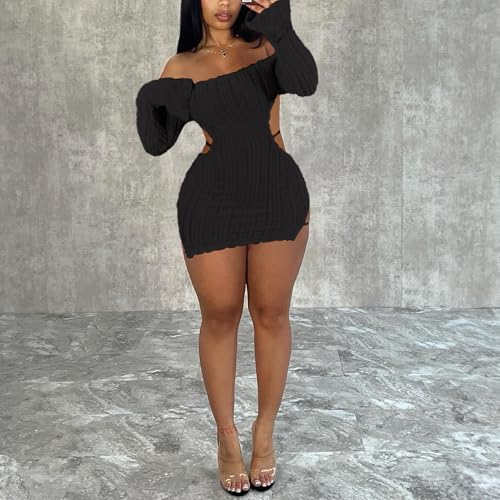 Sexy Off Shoulder Fuzzy Y2K Mini Dress for Women Strappy Backless Long Sleeve Party Club Birthday Dresses Date Night3