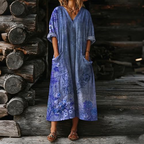 Vestido maxi bohemio de lino y algodón con bolsillos estilo retro 2