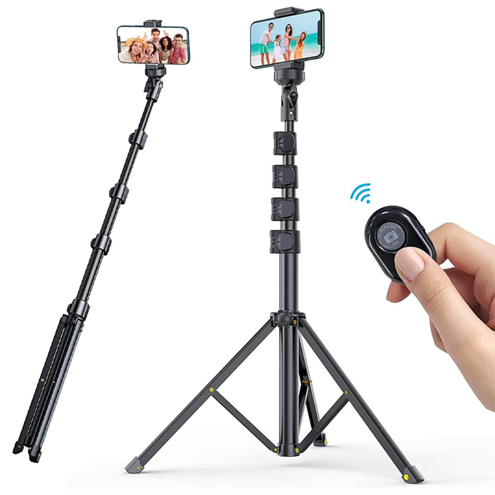 62'' All-in-One Tripod for iPhone with Bluetooth Remote, Extendable Cell Phone Tripod Stand and Phone Holder Fit for iPhone 13/13 Pro/13 Pro Max, All Phones, Cameras [Heavy Duty & Lightweight]