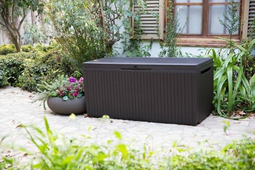 Dmora - Baúl de almacenamiento Exterior Tammaro, Cofre de jardín, Banco con almacenaje, Arcón para exteriores, 123x54 h57 cm, Marrón