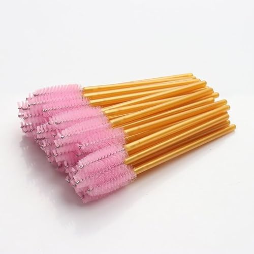 Namzi 100個 使い捨てまつげマスカラブラシ アイラッシュエクステンションアイブロウとメイクアップ用 (イエローロッドピンクヘッド)