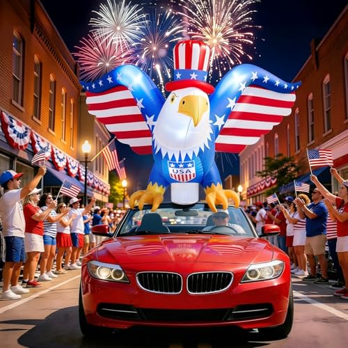 Camuland 8FT 4th of July Inflatable Eagle Car Decorations Patriotic Bald Eagle Blow Up with 12V Cigarette Lighter Plug & Suction Cups American Flag Decor for Golf Cart Parade Memorial Day Yard