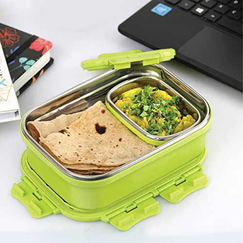 CELLO Thermo Click Medium Steel Insulated Lunch Box, Green | Tiffin for Men & Women | Snacks Tiffin for Kids | Leak-Proof & Unbreakable Lid with 4 Sid