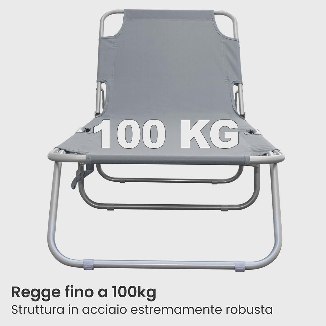 Mediawave Store - Lettino Prendisole Pieghevole 2309 con Schienale Regolabile, Brandina per Campeggio, Lettino Richiudibile e Trasportabile, per Mare, Piscina, Arredo Giardino (Grigio)
