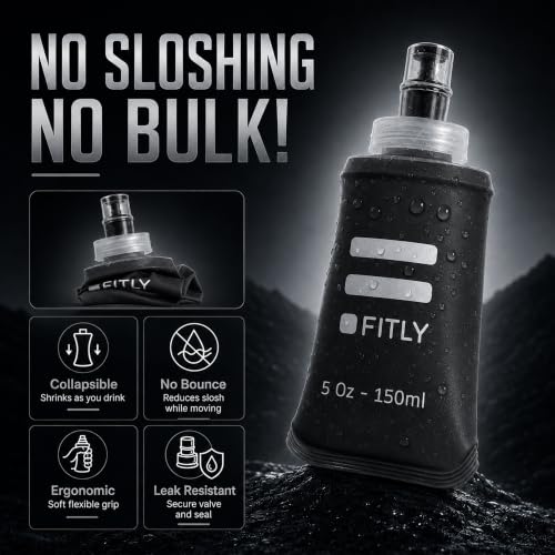 Image of FITLY 5 oz - 150ml (F1B) Soft Water Bottle Shrink As You Drink Soft Flask for Hydration Pack Folding Water Bottle Ideal for Running, Hiking, Cycling, Climbing & Rigorous Activity, Black