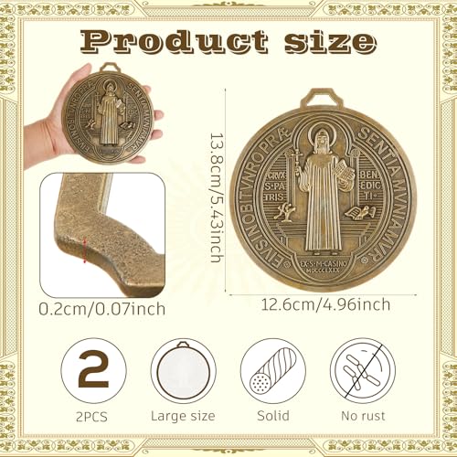 Landical 2 Pcs 5 Inch St Benedict Medals Extra Large Metal Saint Pendant Christmas Vintage Gold Tone Finish Saint Benedict Protection for Door Wall or Desk Display Art Decor Gifts2