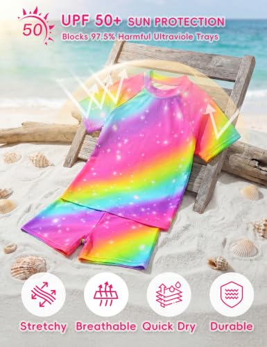 Image of Girls Swimsuit Colorful Short Sleeve Bathing Suits UPF 50+ Rash Guard Set Two Piece Summer Swimwear