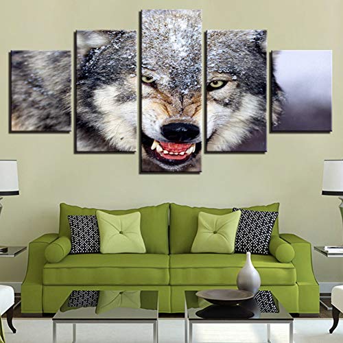 GHTAWXJ 5 Paneles Decoración del hogar Cartel Modular Imágenes Snow Wolf Impreso HD Modern Canvas