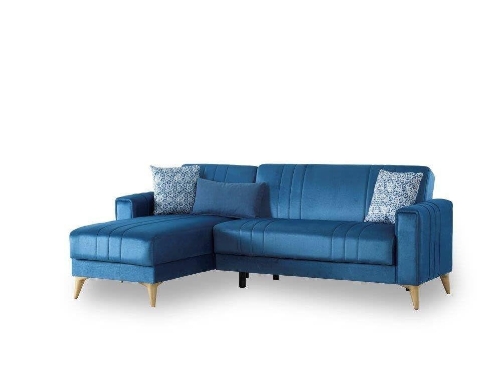 Divano Letto con penisola Miguel, Divano Contenitore ad Angolo con 3 Cuscini, Sofà in Tessuto con Apertura Click-clack, 225x151h84 cm, Blu