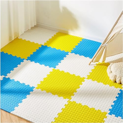 Image of Puzzle Flooring || Kids Interlocking Play mat || Shops Mat || House Flooring || Play mats for Kids || 12 MM Thick (8 Tiles - 32 Sq Ft, Blue - Yellow - White)