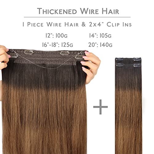 Image of WENNALIFE Wire Hair Extensions Real Human Hair 12 inch 100g Dark Brown to Chestnut Brown and Dirty Blonde Highlighted Real Hair Extensions Invisible Wire