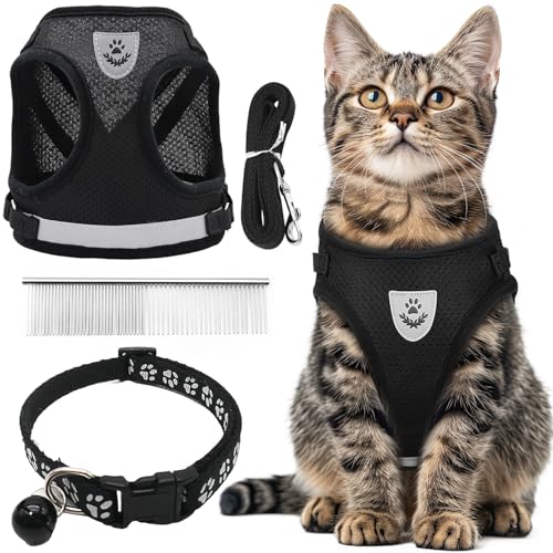 CUEMOON Pettorina e Guinzaglio per Cani, Traspirante Regolabile, Riflettente per Cuccioli, Set di Imbracatura e Guinzaglio per Gatti e Gattini, M