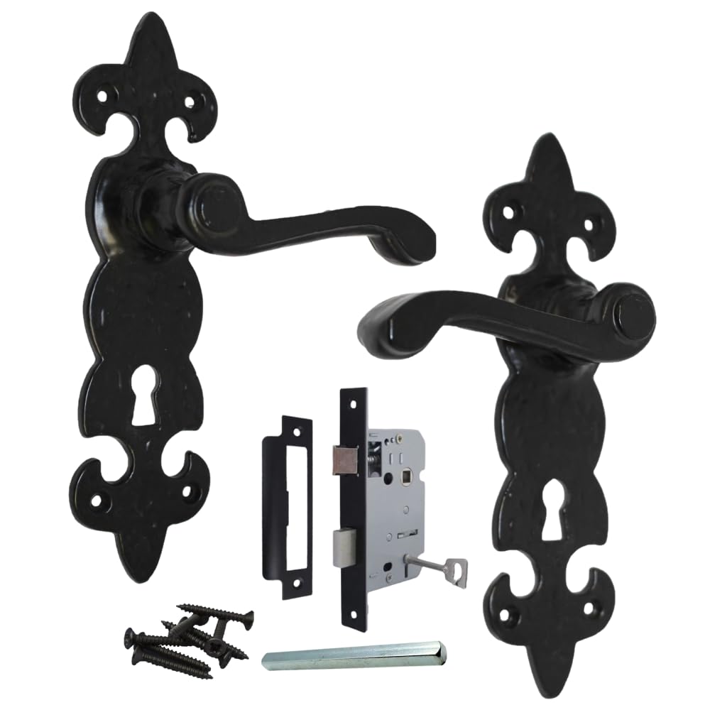 Epsom Door Handle Fleur de LYS Black Wrought Iron Door Handle Range – Traditional Cottage Style | Latch, Lock & Bathroom Options | 1, 4 or 6 Pack (Lock Version)