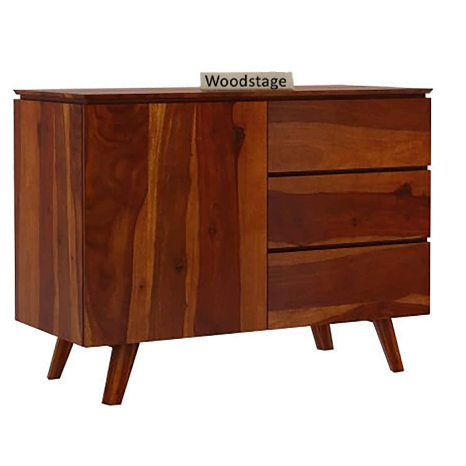 WOODSTAGE Solid Sheesham Wood Chest of Drawer Storage Cabinet with 3 Drawer and 1 Door for Office Hall Living Room Home (Honey Finish)