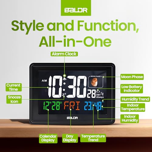 Baldr Atomic Clocks For Bedrooms Digital Large Display - Black - Desk Clock With Temperature Indoor And Humidity, Night Stand Clock, Moon Phase Clock, Alarm Clocks For Living Room thumb #6