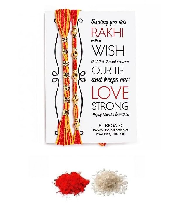 El Regalo 2PCs Red & Yellow Moli Thread Rakhi Combo Set for Brother- Auspicious OM, Ganesha, Satiya, Lion etc. Mauli Rakhi with Roli Chawal Shagun, Message Card in Rakhi Gift Box (Option-5) (B0C9V57NVW) Amazon Price History, Amazon Price Tracker
