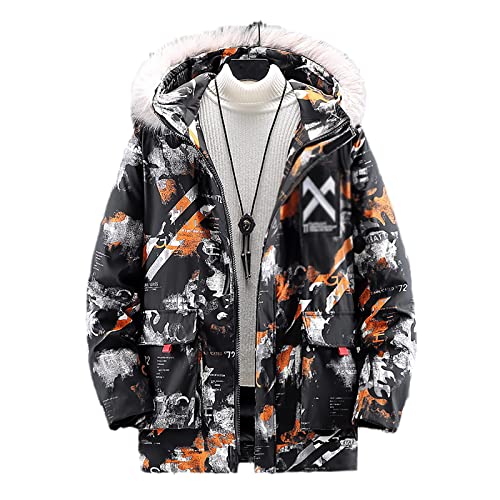 YDYBY Herren Warme Winterjacke Parka Short Wintermantel Mit Kunstfell Kapuze Outdoor Gefütterte Steppjacke Jacke Camouflage Tie-Dye Daunenjacke Windjacke,Orange,7XL Cover