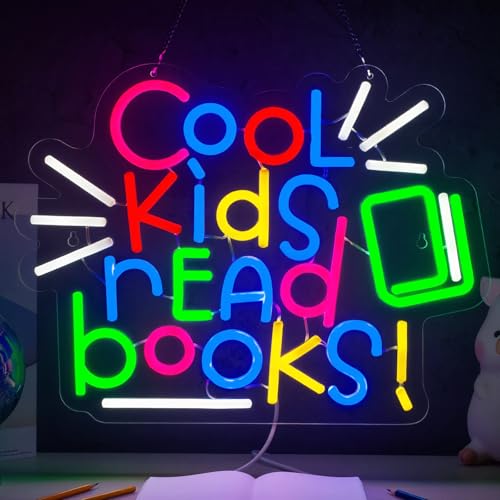 Image of Cool Kids Read Books Neon Sign Read Books and Be Kind Neon Signs for Wall Decor Book USB Dimmable LED Lights for Student Suitable for Classroom Bookstore Library Museum Study Room Gift for Teen Boys Girls Christmas