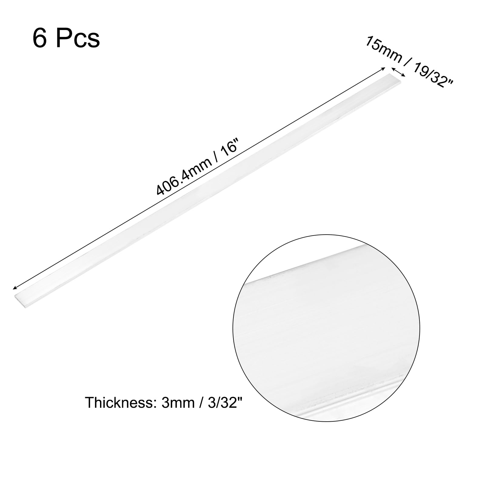 QUARKZMAN 6 Pcs Barre Plate En Aluminium Carrée, 3/32" (3mm) D'Épaisseur x 19/32" (15mm) De Largeur x 16" (406.4mm) De Longueur 6061 Plaque D'Aluminium Pleine Nouveau Stock D'Usine